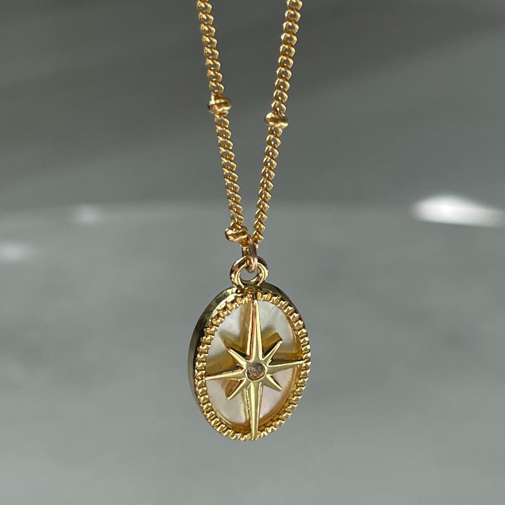 14k Gold Filled North Star Mother Of Pearl Compass Necklace | Non Tarnish